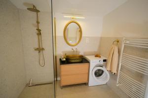 a bathroom with a washing machine and a mirror at Erdei Kisház Sümeg in Sümeg