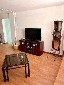 a living room with a tv and a coffee table at I Due Timidi in Putignano