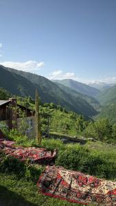 a bench on a hill with mountains in the background at Chalet Gveleti in Barisakho