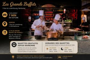 two chefs preparing food in a restaurant kitchen at Charmant Studio Baignoire in Narbonne