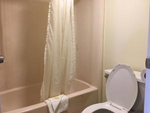 a bathroom with a toilet and a bathtub with a shower curtain at Riviera Motel in Kissimmee