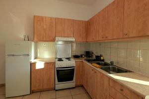 a kitchen with a white stove top oven next to a sink at Theros House in Ioulis