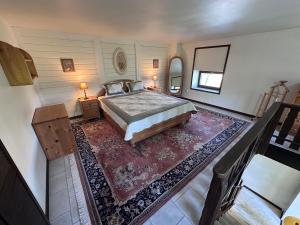 an aerial view of a bedroom with a bed and a rug at Apartmány v Buši in Buš