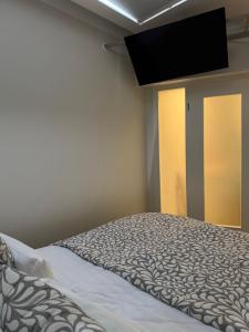 a bedroom with a bed with a flat screen tv on the wall at Apartment in Berlin-Köpenick in Berlin