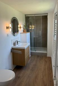 a bathroom with a toilet and a sink and a shower at B&B Heckerfeld in Burglahr