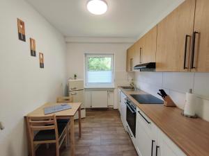 a small kitchen with a table and a table sidx sidx sidx at Janas Pfälzerwaldglück in Lemberg