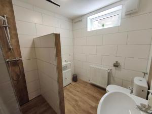 a bathroom with a toilet and a sink and a window at Janas Pfälzerwaldglück in Lemberg +14 photos