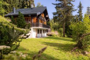 a house with a black roof on a green yard at Chalet Les Rhodos in Vex