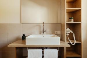 a bathroom with a white sink on a counter at New - Penthouse Zirm Untermairhof in Selva dei Molini +36 photos