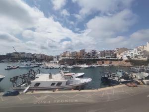 a group of boats are docked in a harbor at La pineda in Les tres Cales
