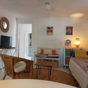 a living room with a bed and a table at Les canaris in Mimizan-Plage