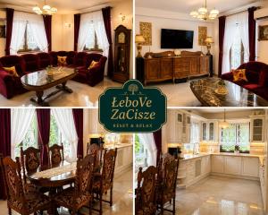 a collage of four pictures of a living room at ŁeboVe ZaCisze Spa & Relax in Łeba