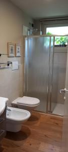 a bathroom with a shower and a toilet and a sink at Casa 33 in Gardone Riviera