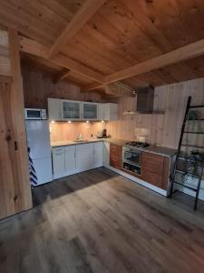 a large kitchen with white appliances and wooden walls at Guesthouse Bij Maud in Barsingerhorn