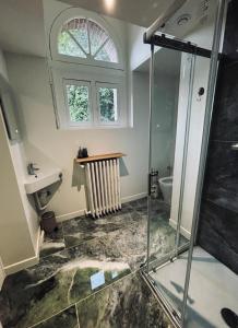 a bathroom with a shower and a sink at Les gîtes in Daubeuf-Serville