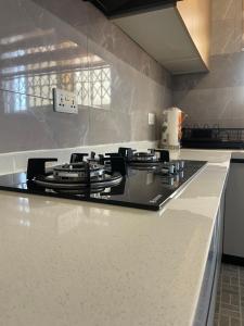 a kitchen counter with a stove top in a kitchen at Modern Three-Bedroom Apartment in Accra +1 photo