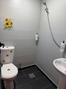 ein Badezimmer mit Toilette und Waschbecken in der Unterkunft Lean chalet Sea&Mountain view in Dukat