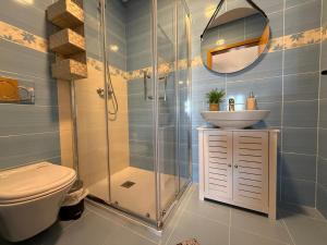 a bathroom with a toilet and a sink and a shower at Castelo 48 in Lamego +42 photos
