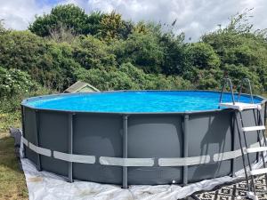 a large swimming pool in the middle of a yard at Countryside Tiny House in Roydon