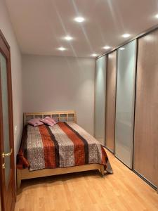 a bedroom with a bed and sliding glass doors at Dzirciema apartment in Riga