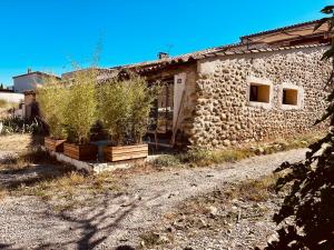 a stone building with potted plants in front of it at Gîte en Provence in Mison