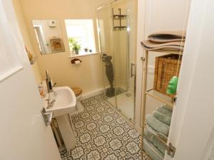 a small bathroom with a shower and a sink at Arch Mews Cottage in Barnard Castle +33 photos