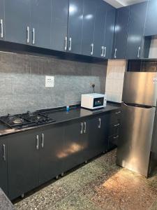 a kitchen with stainless steel appliances and blue cabinets at CZ Apartments in Bardon Yana