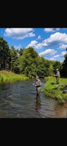 two people are standing in a river with a fish at W lesie nad rzeką in Rolbik