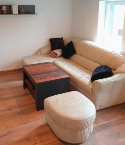 a living room with a couch and a table at Elbblick-kleine-Wohnung-mit-Terrasse in Gollhofen