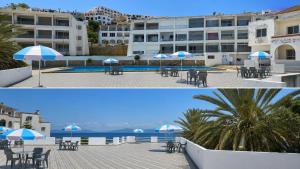 two pictures of a resort with tables and umbrellas at Résidence Tarifa in Mrarech