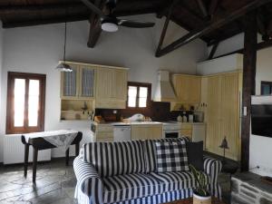 a living room with a couch and a kitchen at Olivia traditional stone house in Nikiti