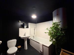 a bathroom with a toilet and a sink and a bath tub at L'Atelier des Amoureux studio à 2 pas du château in Sedan