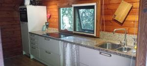a kitchen with a sink and a counter top at Retraitehuisje Westerwolde in Blijham