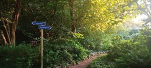 a street sign in the middle of a forest at Retraitehuisje Westerwolde in Blijham
