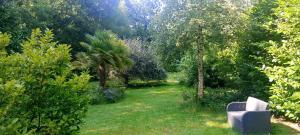 a chair sitting in the middle of a garden at Retraitehuisje Westerwolde in Blijham