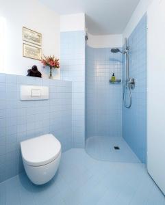a blue tiled bathroom with a toilet and a shower at Boutique Garden Studio in Kreuzlingen