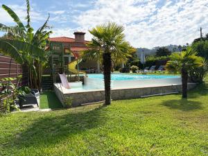 a swimming pool in a yard with two palm trees at Villa Bessa Nature & Spa in Fafe