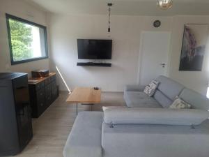 a living room with a couch and a tv at Maison Du Bonheur in Erquy