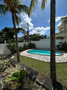 a swimming pool in a yard with palm trees at Alizé Mont Choisy in Mont Choisy