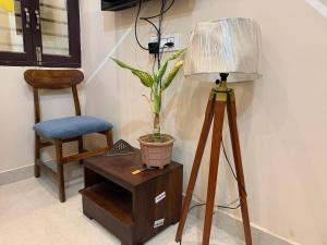 a lamp and a plant on a table next to a chair at Drip Home Stay AKTU in Lucknow