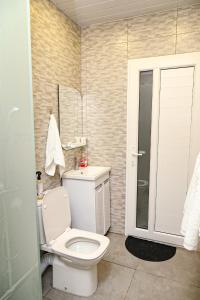 a bathroom with a white toilet and a shower at EVORI Guesthouse in Dilijan +29 photos