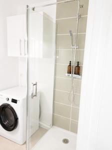 a shower stall with a washing machine in a bathroom at L'Élégant - 2 Voyageurs in Reims +6 photos