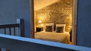 a bedroom with a bed in a room with a mirror at Le Moulin des Salces in Saint-Privat