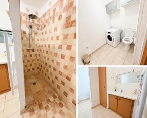 three pictures of a bathroom with a shower and a toilet at Maison avec jardin in Harquency