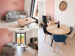 two pictures of a living room and a dining room at Maison avec jardin in Harquency