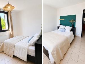 two pictures of a bedroom with a bed at Maison avec jardin in Harquency