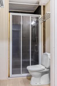 a bathroom with a toilet and a glass shower at Lobrothaugen in Fagernes