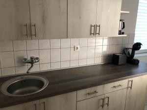 a kitchen with a sink and a counter top at Greenhouse Apartman in Zalakaros +24 photos