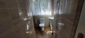 ein kleines Badezimmer mit Toilette und Fenster in der Unterkunft Lemanka in Gowidlino + 23 Fotos