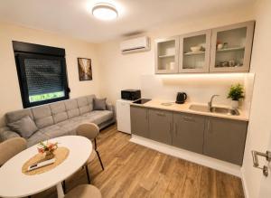 a kitchen and living room with a couch and a table at Apartmani Sjenjak Prestige in Tuzla